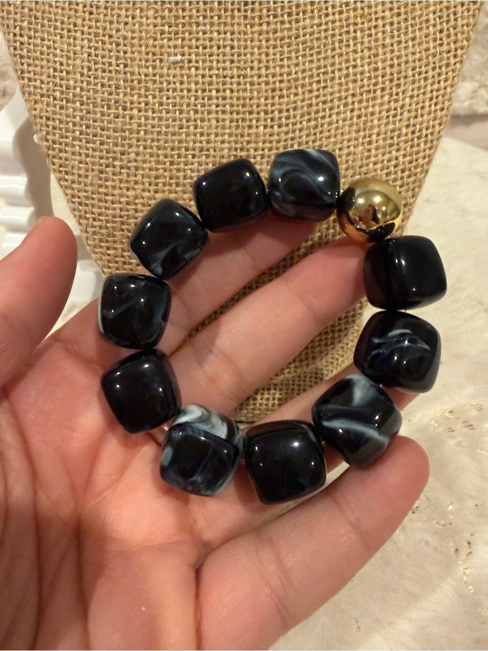 Black Marble Bead Stretch Bracelet with Gold Accent